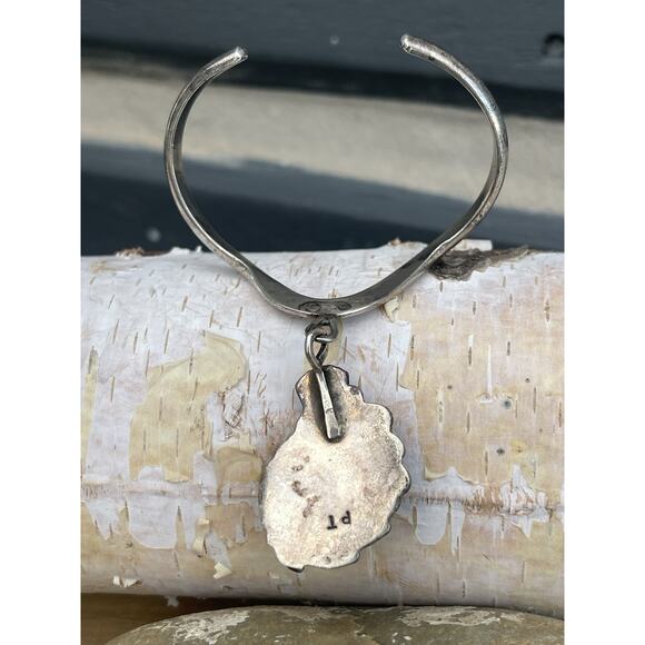 Signed Navajo Sterling Silver Turquoise Onyx Inlay Cuff Bracelet Sweater Drop - Picture 4 of 7